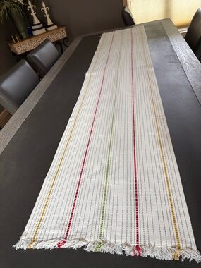 Kirklands NWT Cream Cotton Table Runner with Red, Green & Yellow Stripes